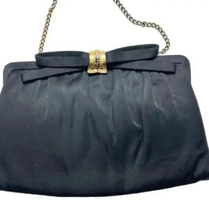 After Dark Vintage Black Satin Clutch Purse Rhinestone Bow Formal